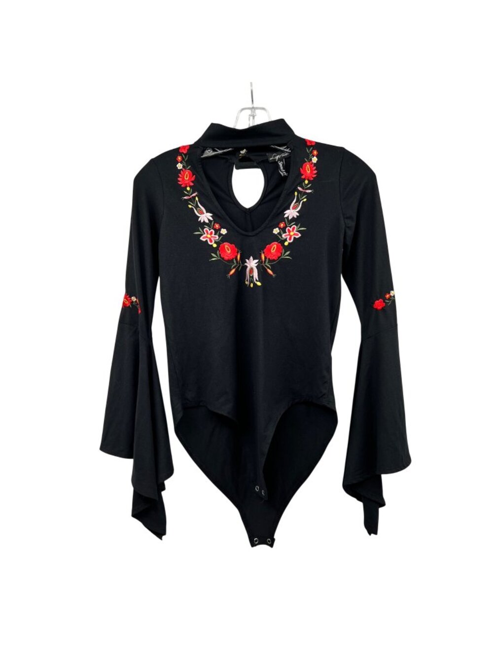 Love University Embroidered Bodysuit Black/Multi Choker Long Bell Sleeve Medium